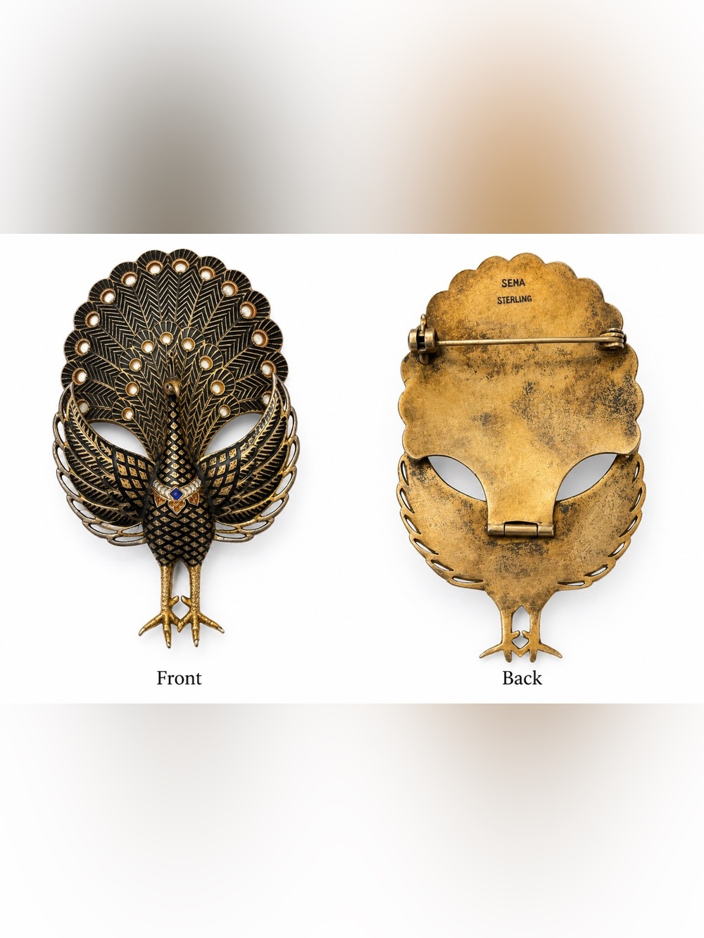“Vintage Mid-Century SEMA Sterling Silver Peacock Brooch, circa 1950s.